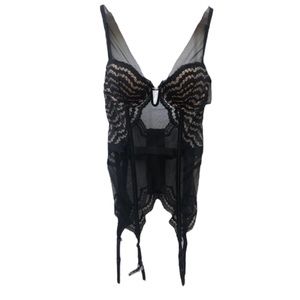 VICTORIA’S SECRET Black Pink Lace Cami Push Up 34C Bustier Garter Belt Corset